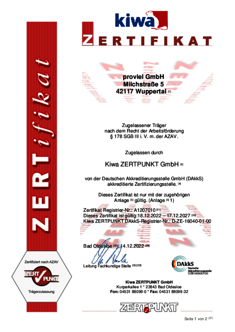 Zugelassener Träger nach dem Recht der Arbeitsförderung: proviel GmbH